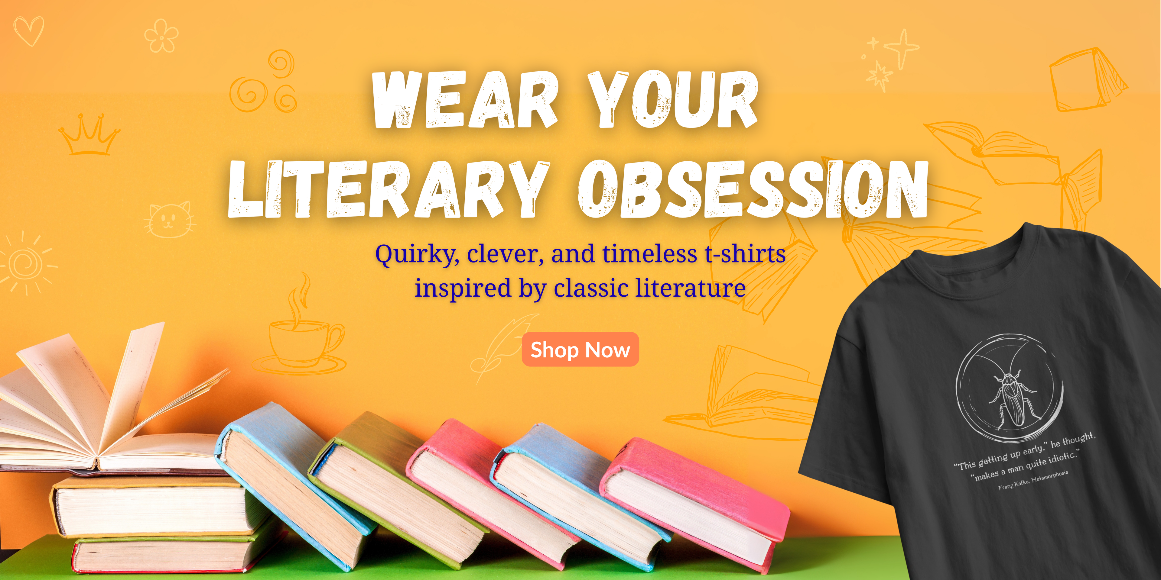 Promotional banner for The Verba Store literary-themed t-shirts with books and a t-shirt on a yellow background.